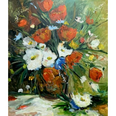 Buy painting on canvas from the artist - a bouquet of flowers: tulips, peonies, buttercups, cornflowers